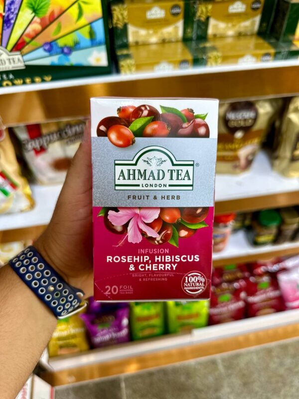 چای احمد Ahmad Tea با طعم گل رز، و گیلاس infusion rosehip, hibiscus & cherry پک 20 تایی