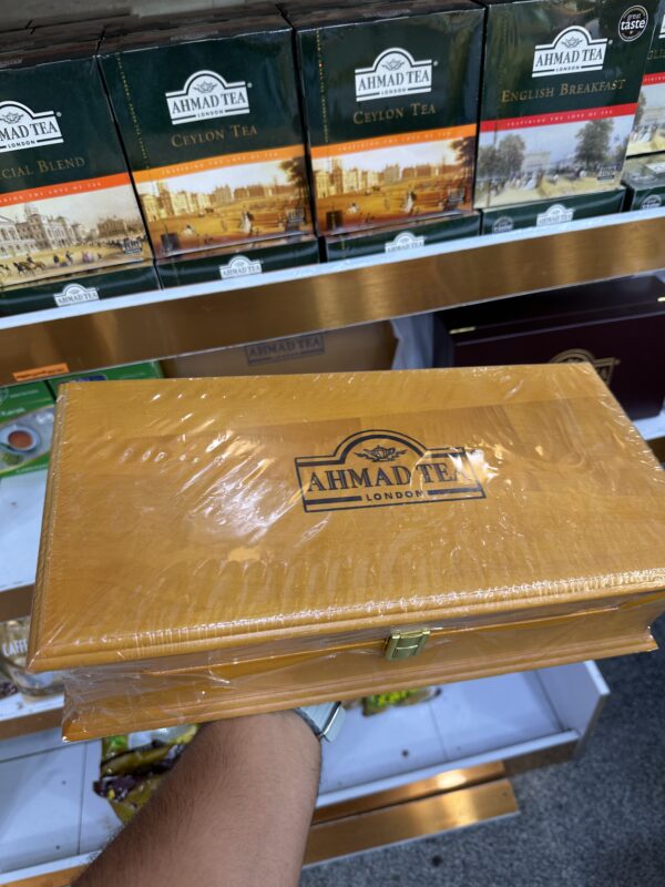 چای احمد Ahmad Tea مدل جعبه چوبی چای Wooden tea box پک 100 تایی