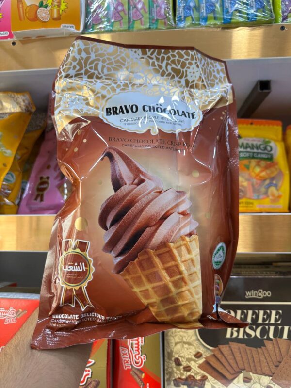 بیسکویت قیفی براوو چاکلت BRAVO CHOCOLATE مدل شکلاتی Chocolate وزن 300 گرم